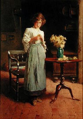 Girl in a cottage by a table and chair