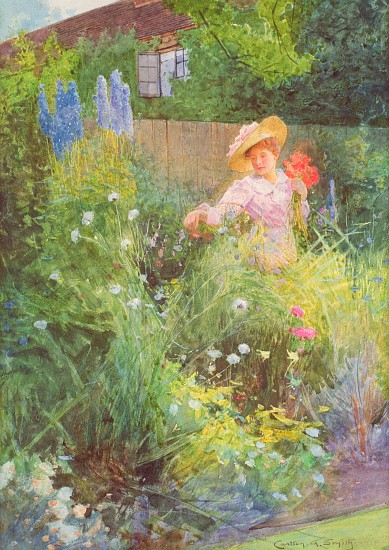 Lady picking flowers in a country garden de Carlton Alfred Smith