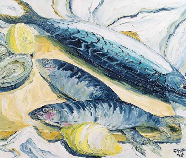 Mackerel with Oysters and Lemons, 1993 (oil on paper)  de Carolyn  Hubbard-Ford