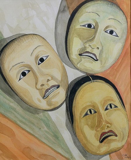 Oriental Masks (pen & ink and w/c on paper)  de Carolyn  Hubbard-Ford