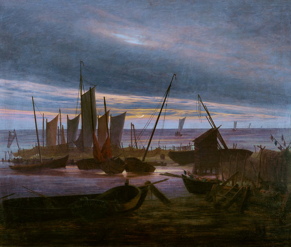 Playa del Este con barcos de pesca bajo la luna de Caspar David Friedrich