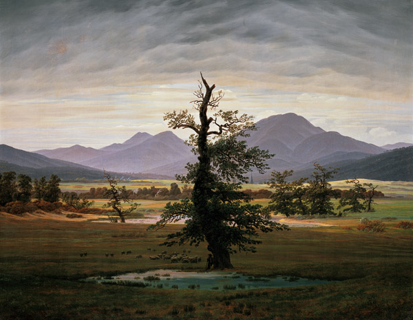 Paisaje un pueblo en la luz de la mañana  (árbol solitario) de Caspar David Friedrich