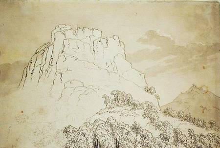 Cima rocosa frente a una colina arboleada de Caspar David Friedrich