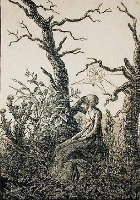 Mujer con una telaraña en medio de árboles desnudos