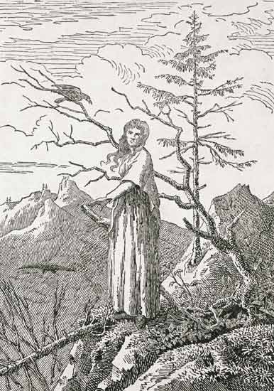 Mujer con un cuervo al borde de un precipicio de Caspar David Friedrich
