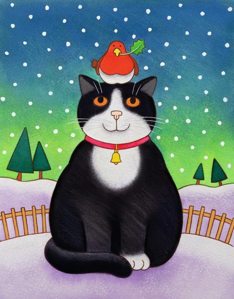 Cat with Robin (w/c on paper)  de Cathy  Baxter