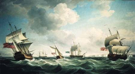 East Indiamen and a smack-rigged Royal Yacht in a breeze off the Downs de Charles Brooking