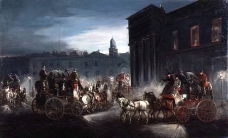 The Edinburgh Mail Coach and Other Coaches in a Lamplit Street de Charles Cooper Henderson