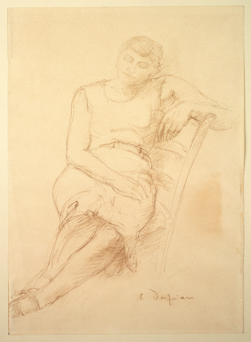 Frau in ärmellosem, kurzem Kleid auf Stuhl schlafend (Odette) de Charles Despiau