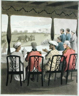Marquis Wellesley and his Suite, at the Nabob of Oude's Breakfast Table, viewing an elephant fight, de Charles D'Oyly