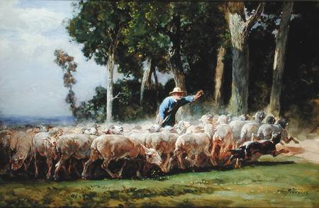 A Shepherd with a Flock of Sheep de Charles Emile Jacques