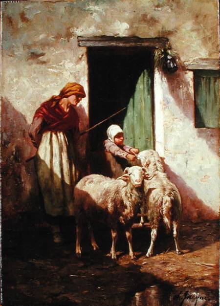 Shepherdess with a Child and Two Sheep de Charles Emile Jacques