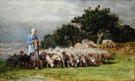 A Shepherdess with a Flock of Sheep de Charles Emile Jacques