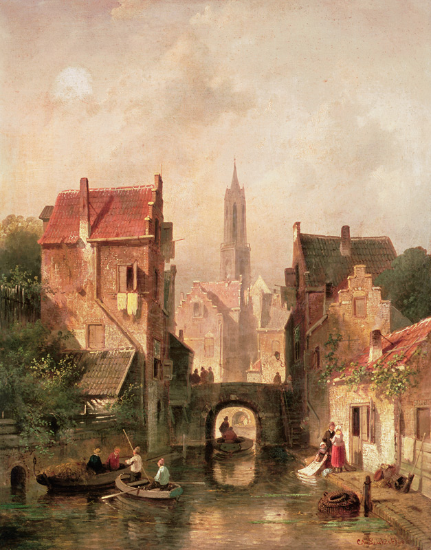 A Dutch canal scene de Charles Henri Joseph Leickert