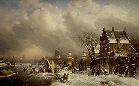 Wintry riverside with ice-skaters with pub and mil de Charles Henri Joseph Leickert