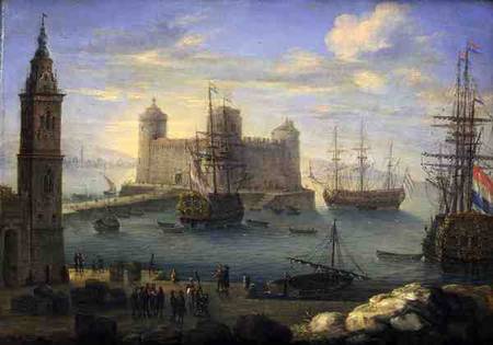 A Mediterranean port with men o' war de Charles Laurent Grevenbroeck