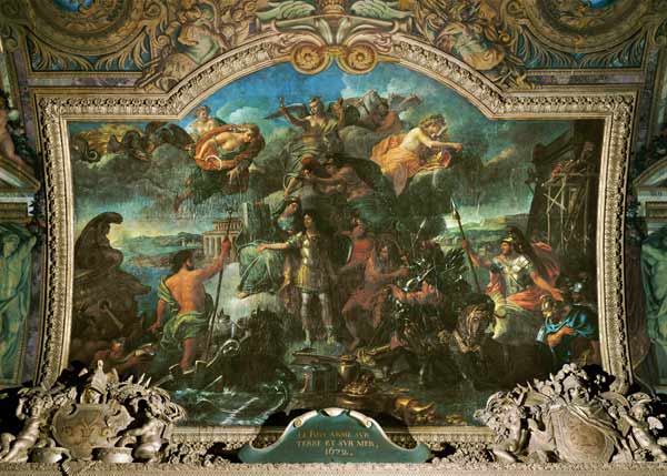 King Louis XIV (1638-1715) taking up Arms on Land and on Sea in 1672, Ceiling Painting from the Gale de Charles Le Brun
