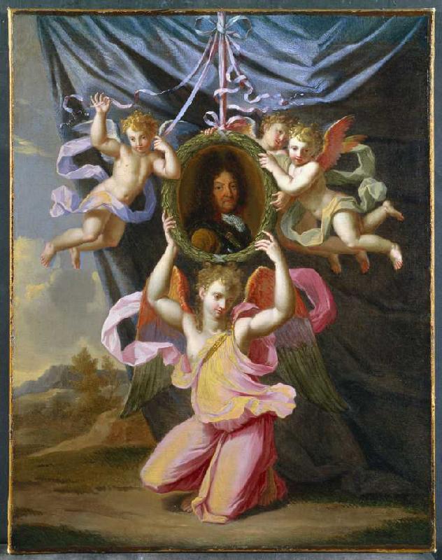 Bildnis Ludwig XIV., von Engeln vor einem Vorhang gehalten. de Charles Le Brun (Nachfolger)