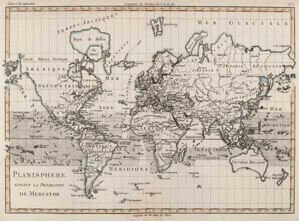 Map of the World using the Mercator Projection, from 'Atlas de Toutes les Parties Connues du Globe T de Charles Marie Rigobert Bonne