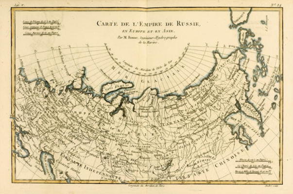 Map of the Russian Empire, in Europe and Asia, from 'Atlas de Toutes les Parties Connues du Globe Te de Charles Marie Rigobert Bonne