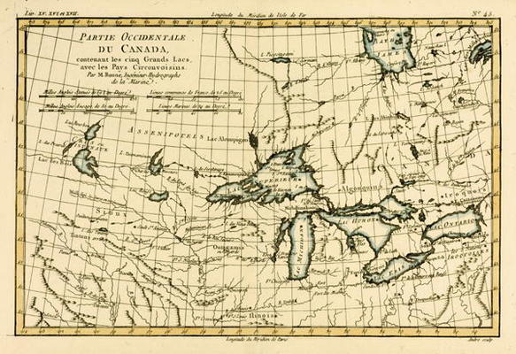 Western Canada, including the Five Great Lakes, from 'Atlas de Toutes les Parties Connues du Globe T de Charles Marie Rigobert Bonne