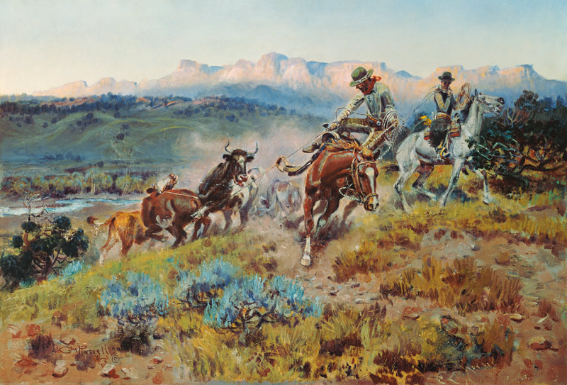 Cowboys when capturing a herd de Charles Marion Russell