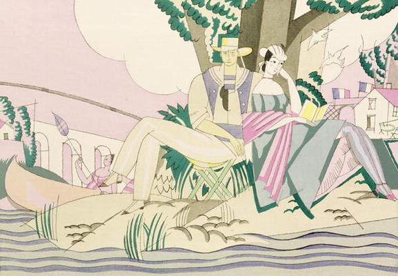 Picnic and Fishing Scene, c.1920 (stencil on paper) de Charles Martin