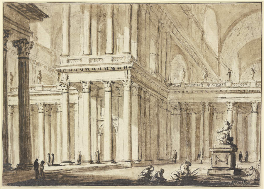 Grandiose Säulenhalle, rechts eine Statue vor welcher mehrere Menschen knien de Charles-Michel-Ange Challe