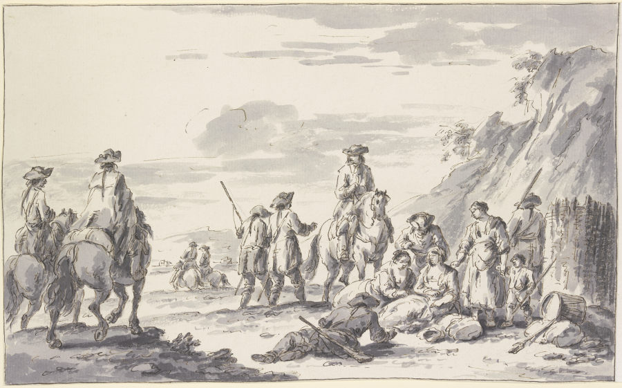 Soldaten zu Pferde und zu Fuß bei einem Schanzkorbe mit Frauen und Kindern de Charles Parrocel