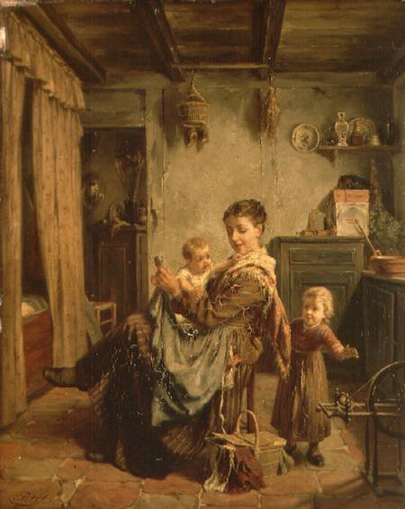 Cache-Cache, an interior with mother and child de Charles Petit