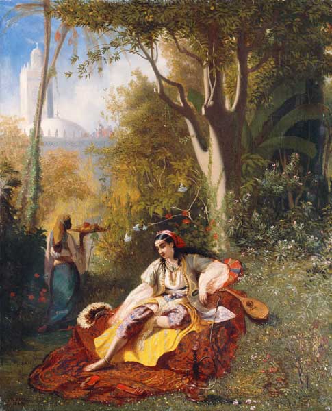 Eine Algerierin mit ihrer Bediensteten in einem Garten de Charles-Theodore Frère