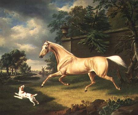 A Palomino frightened by an oncoming storm with a Spaniel de Charles Towne