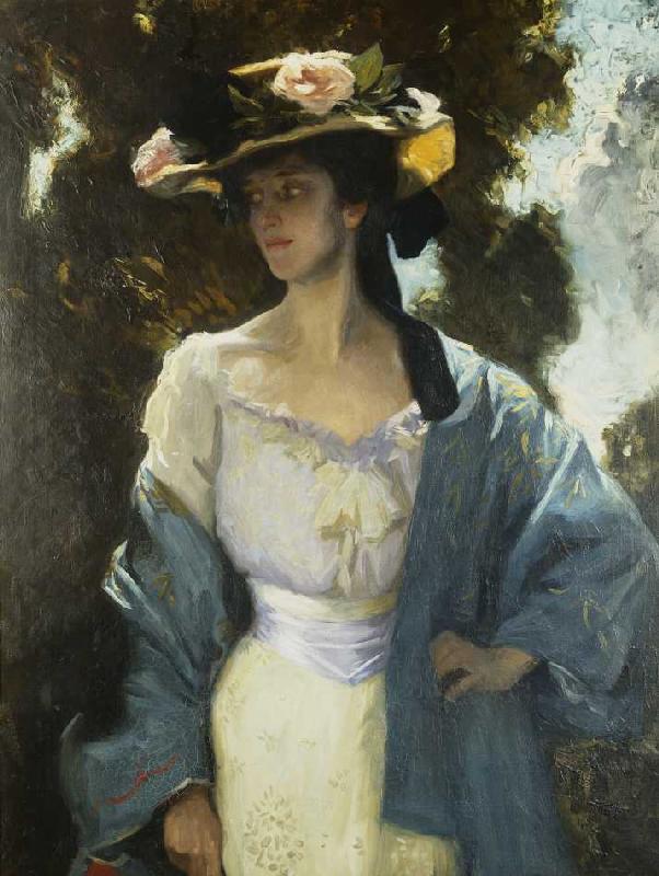 Frances Josephine Furse, Schwägerin des Künstlers, in einer blauen, orientalischen Jacke de Charles Wellington Furse