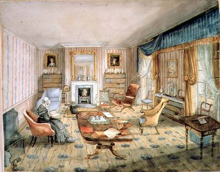 The Drawing Room, White Barnes, f.55 from an 'Album of Interiors' de Charlotte Bosanquet