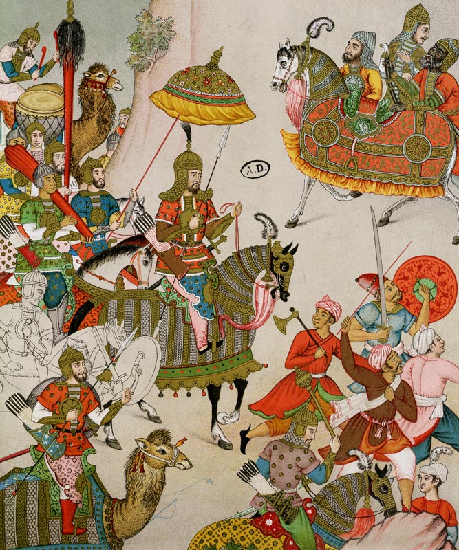 Emperor Babur (r.1526-30) at the head of his army, after a sixteenth century Mughal miniature (colou de Charpentier