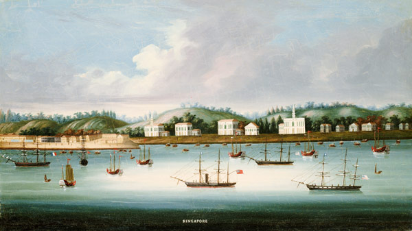 A view of Singapore from the roads with American, French and British shipping, c.1850 de Chinese School