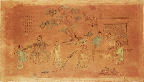 Scene from the life of Confucius (c.551-479 BC) and his disciples, Qing Dynasty (1644-1912) de Chinese School