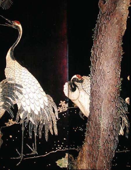 Detail of two cranes from a Coromandel screen de Chinese School