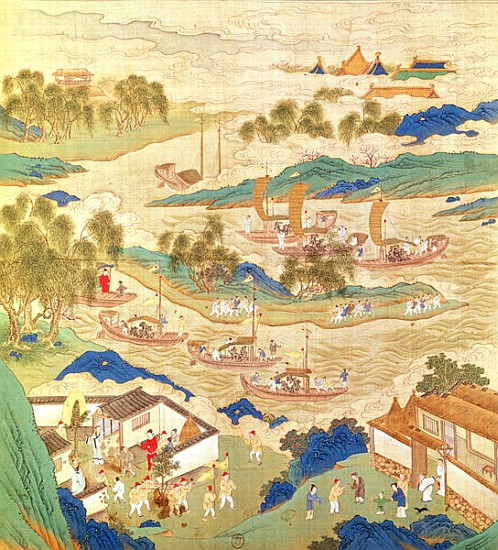 Emperor Hui Tsung (r.1100-26) transporting pierced stones and strange shaped trees, from a History o de Chinese School