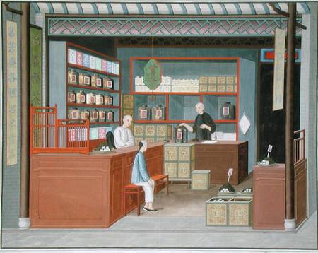 Ming-Tang Tea Store dealing fragrant Tenderleaf Tea (w/c & gouache on paper) de Chinese School
