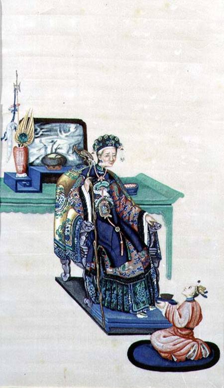Old Woman Seated with a Kneeling Servant de Chinese School