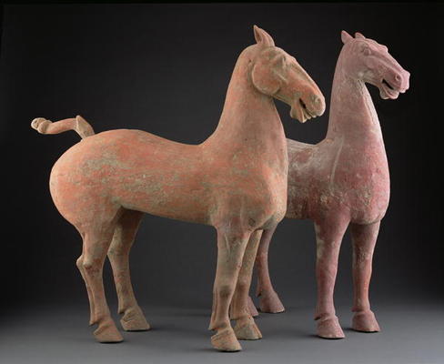Pair of horses, Han Dynasty (206 BC-220 AD) (earthenware) de Chinese School