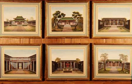 Set of Six Chinese Pavilions and Courtyard Scenes de Chinese School