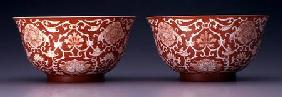 Pair of Bowls with lotus and hibiscus flowers