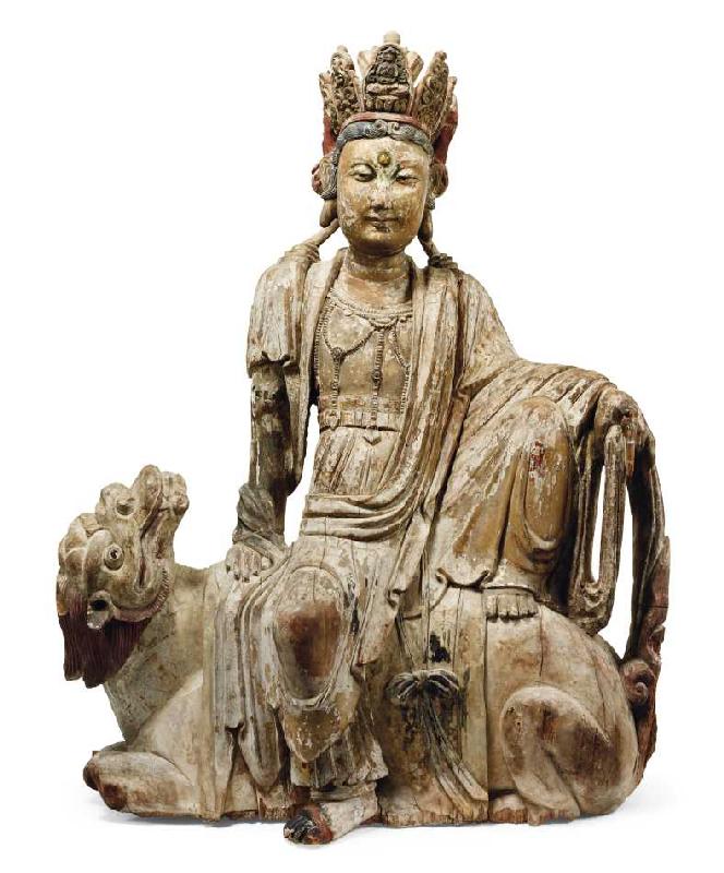 Chinesische Holzfigur von Manjusri, Bodhisattwa der Weisheit, Yuan/Ming Dynastie (1279-1644), auf ei de Chinesisch