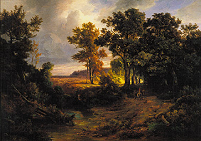 Woods clearing with hunter and a view of star moun de Christian E.B. Morgenstern