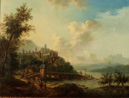 A Rhineland View with a Bridge and Figures in the foreground and a Fortified Town on a Hill beyond de Christian Georg II Schutz or Schuz