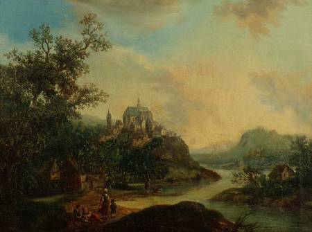A Rhineland View with Figures in the foreground and a Fortified Town on a Hill Beyond de Christian Georg II Schutz or Schuz