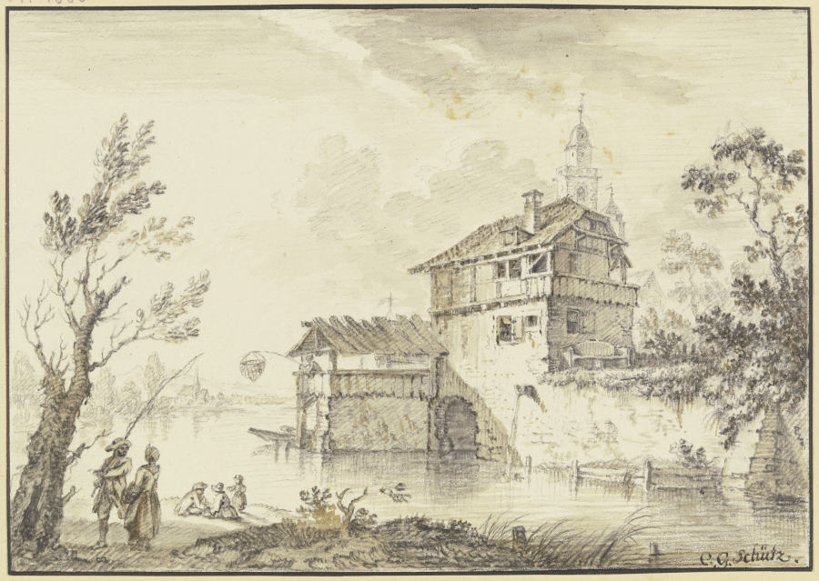 Häuser an einem Wasser, von einem Vorbau aus fischt ein Mann mit einem Netz, links an einem Baum ein de Christian Georg Schütz d. Ä.