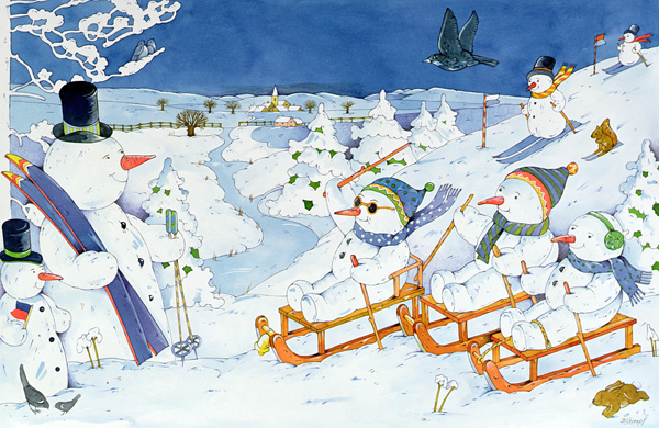 Snowmen Tobogganing, 1997 (w/c on paper)  de Christian  Kaempf